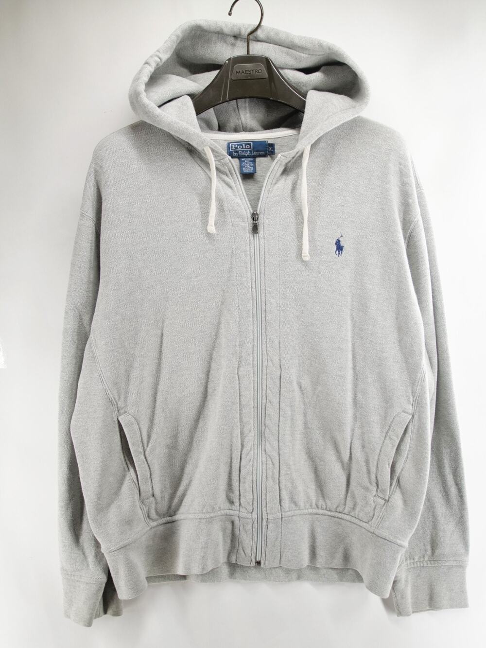 VTG Polo Ralph Lauren Gray Full Zip Hoodie Sweatshirt Mens XL Blue Pony Pique